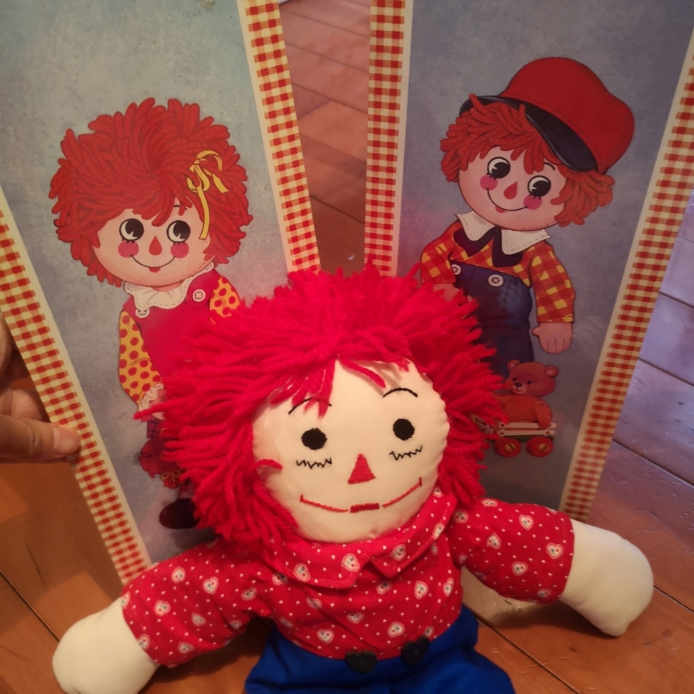 Vintage Raggedy Andy 20" Doll with Embroidered I Love You & A Pair Wall Plaques